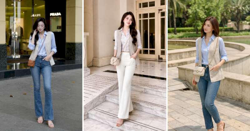 Quần jeans ôm hoặc ống loe kết hợp sơ mi slim-fit dạo phố phóng khoáng.